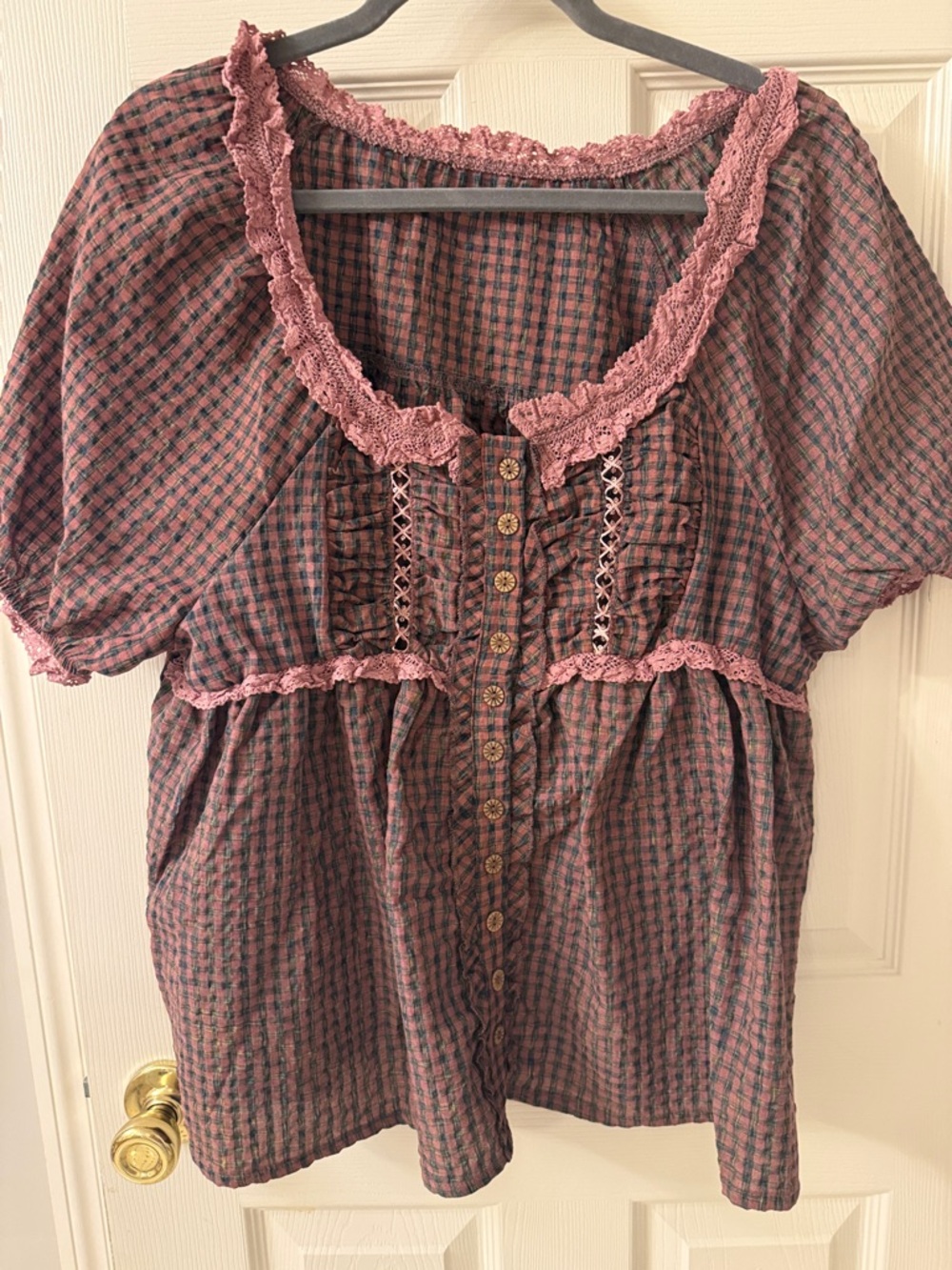 Women’s Pink Plaid Lace-Trim Button-Front Top Size Large. The best of BoHo.